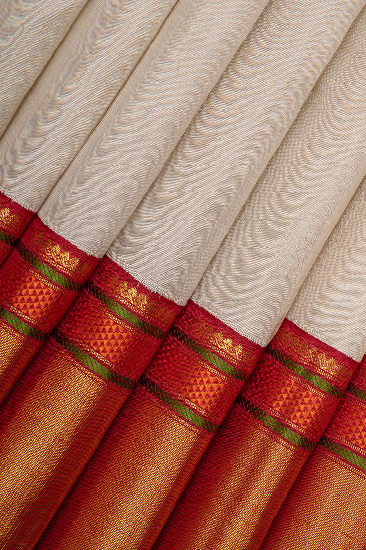 Ivory and red  traditional pure kanchipuram silk saree