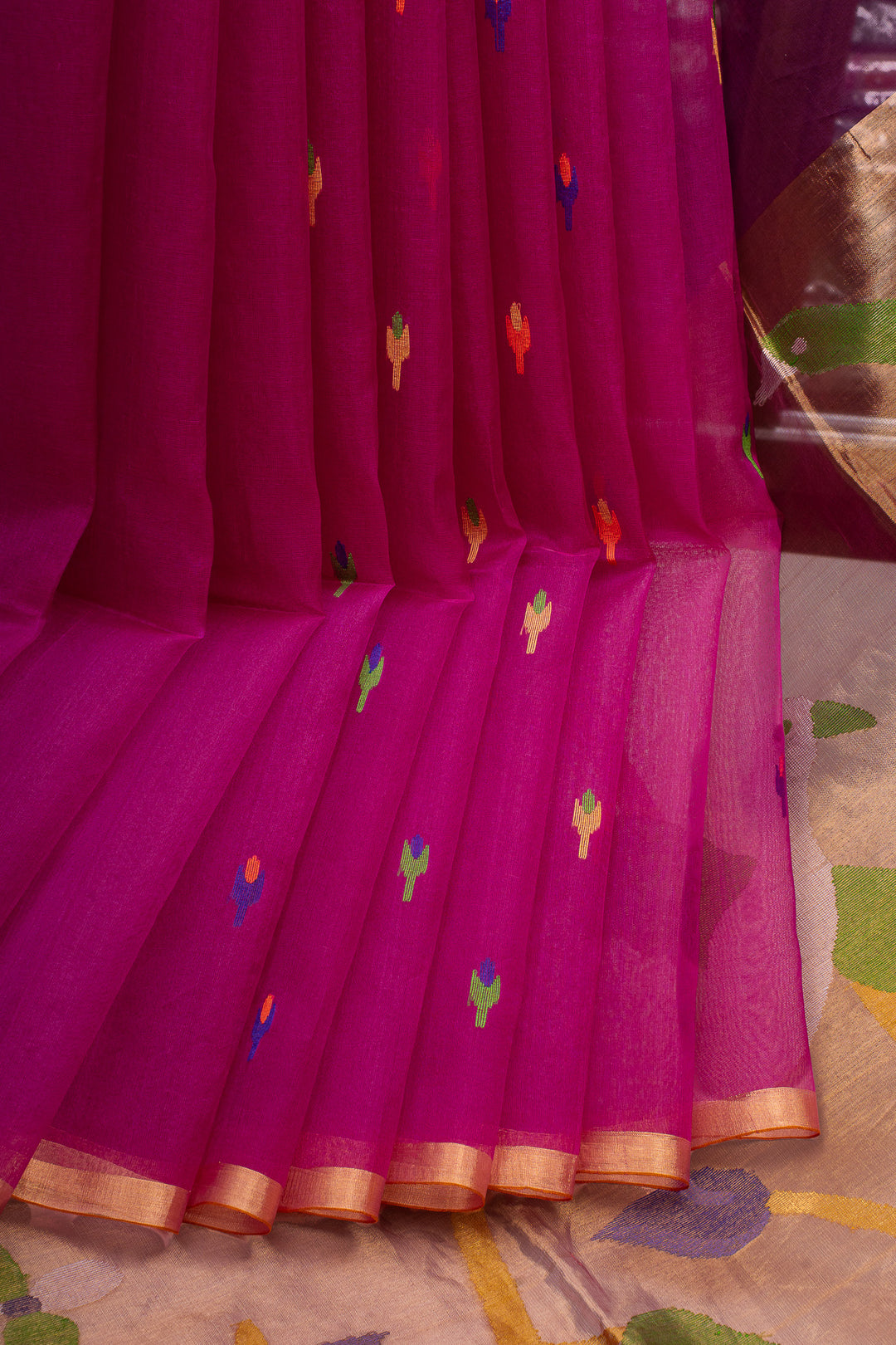 Magenta Pure Handloom Organza Muslin Pure Tussar Saree