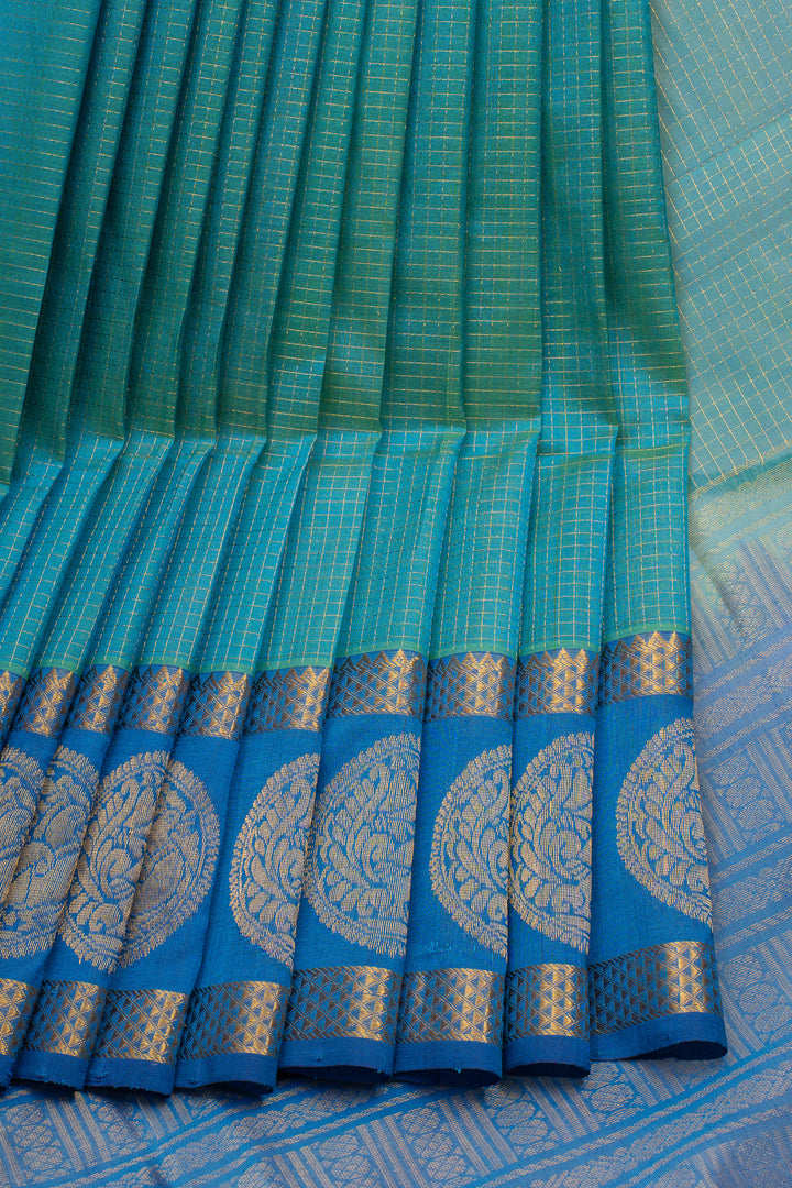 Peacock Blue Checks Pure Silk Cotton Saree