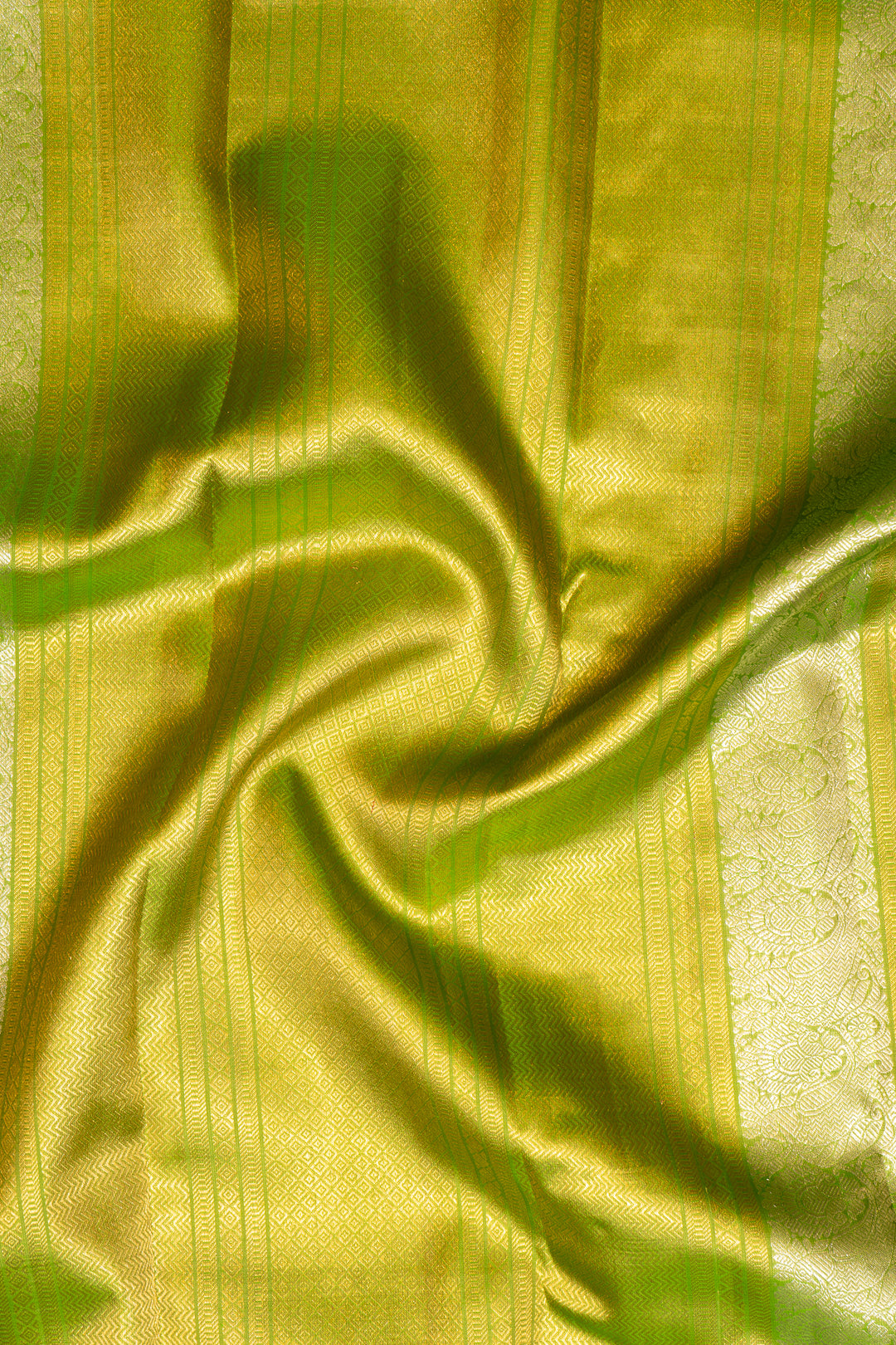 Pear Green Zari Stripes Pure Kanchipuram Silk Saree - Clio Silks