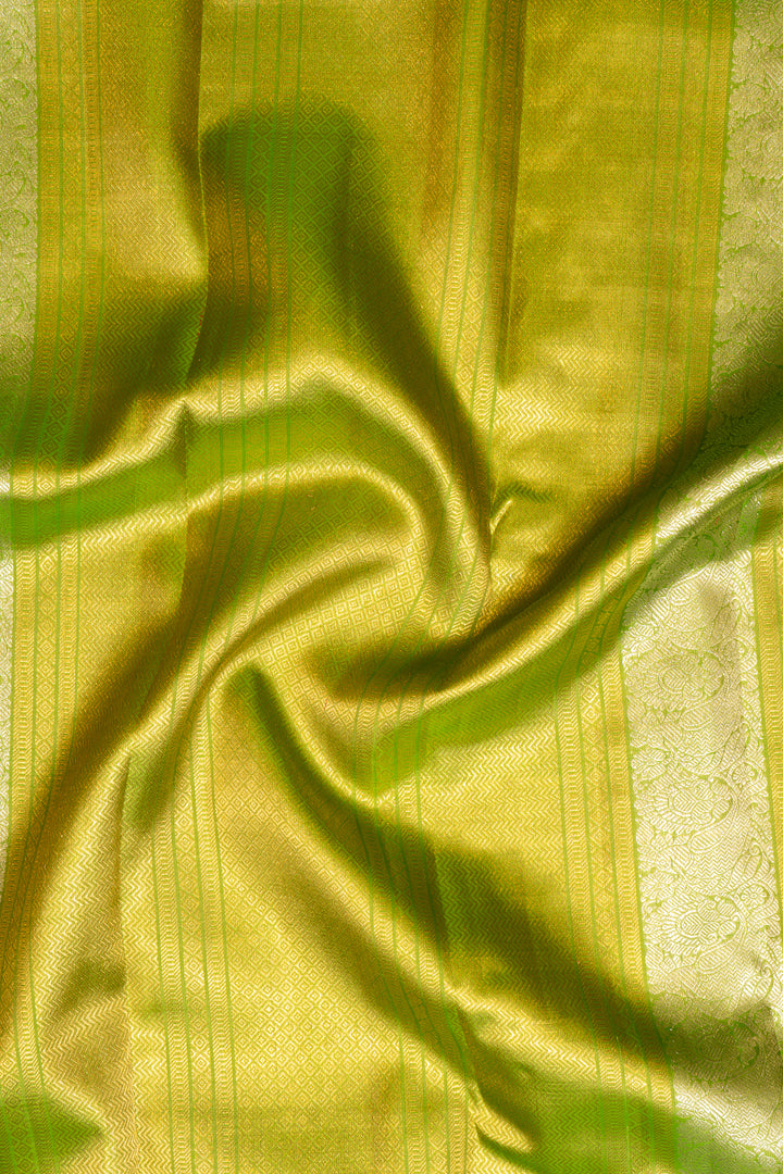 Pear Green Zari Stripes Pure Kanchipuram Silk Saree - Clio Silks