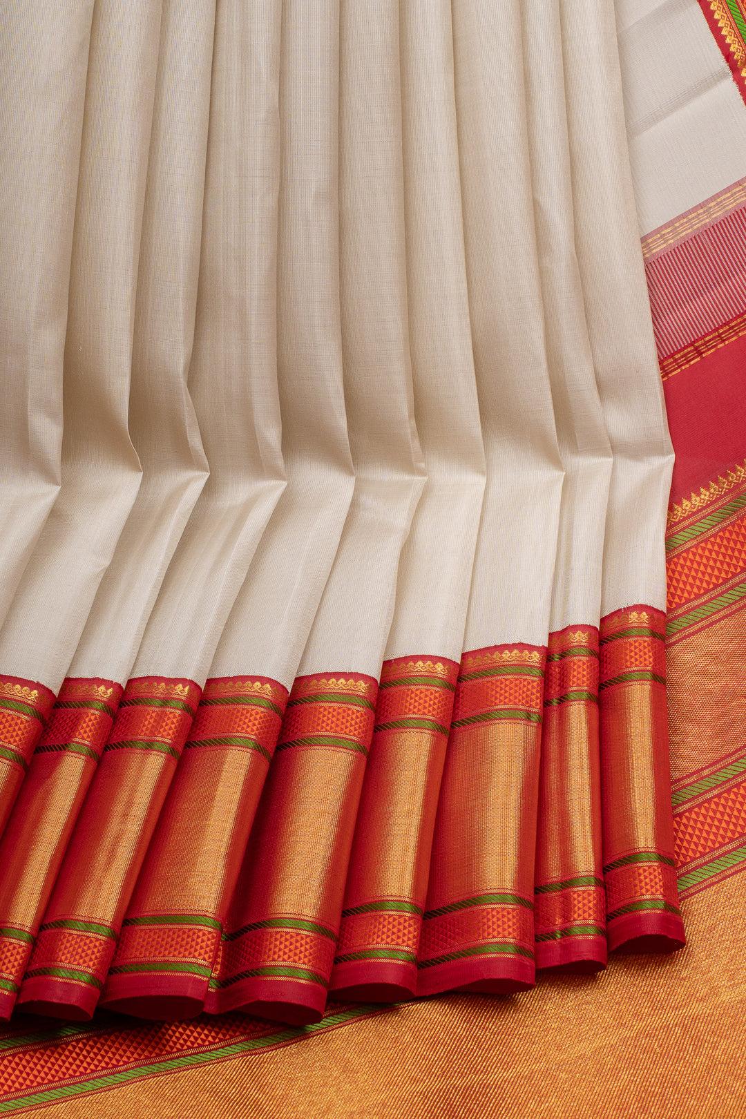 Ivory and red  traditional pure kanchipuram silk saree