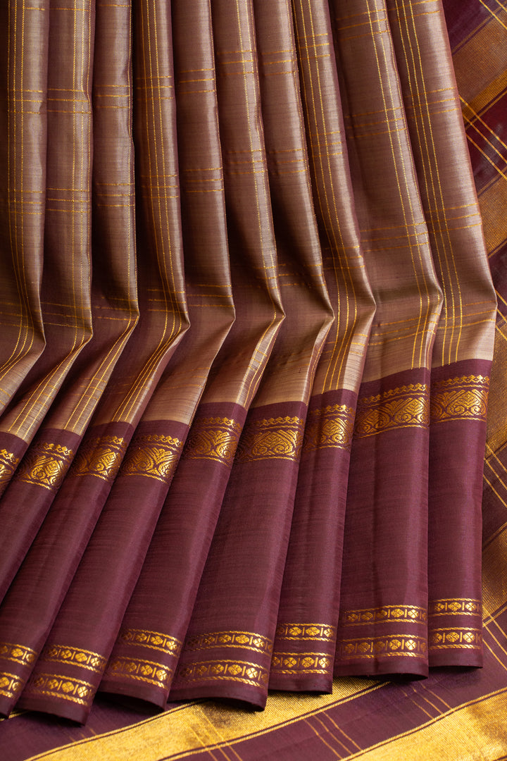 Beige and purple zari checks pure Kanchipuram silk saree