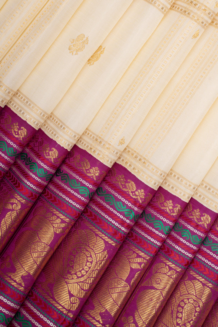 Ivory and Magenta Vintage Zari Checks Pure Kanchipuram Silk Saree