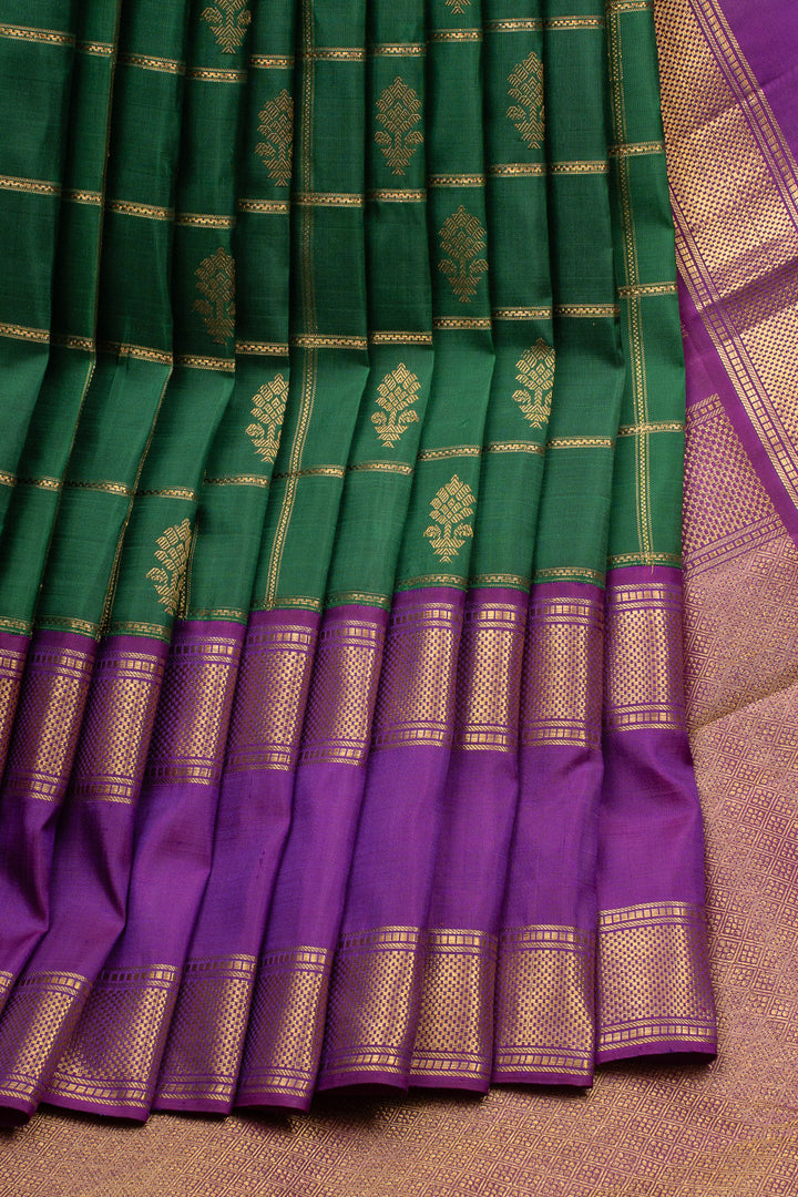 Emerald Green and Royal Purple Jamdani Checks Pure Kanchipuram Silk Saree