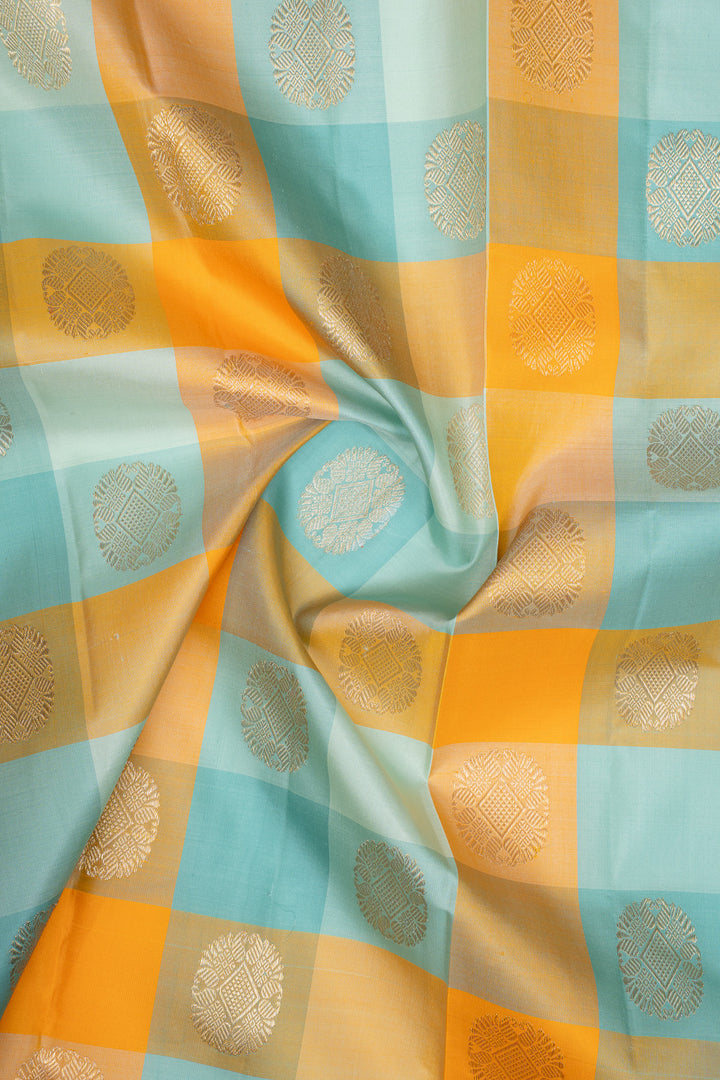Pastel blue Palum pazhamum multi checks pure kanchipuram silk saree