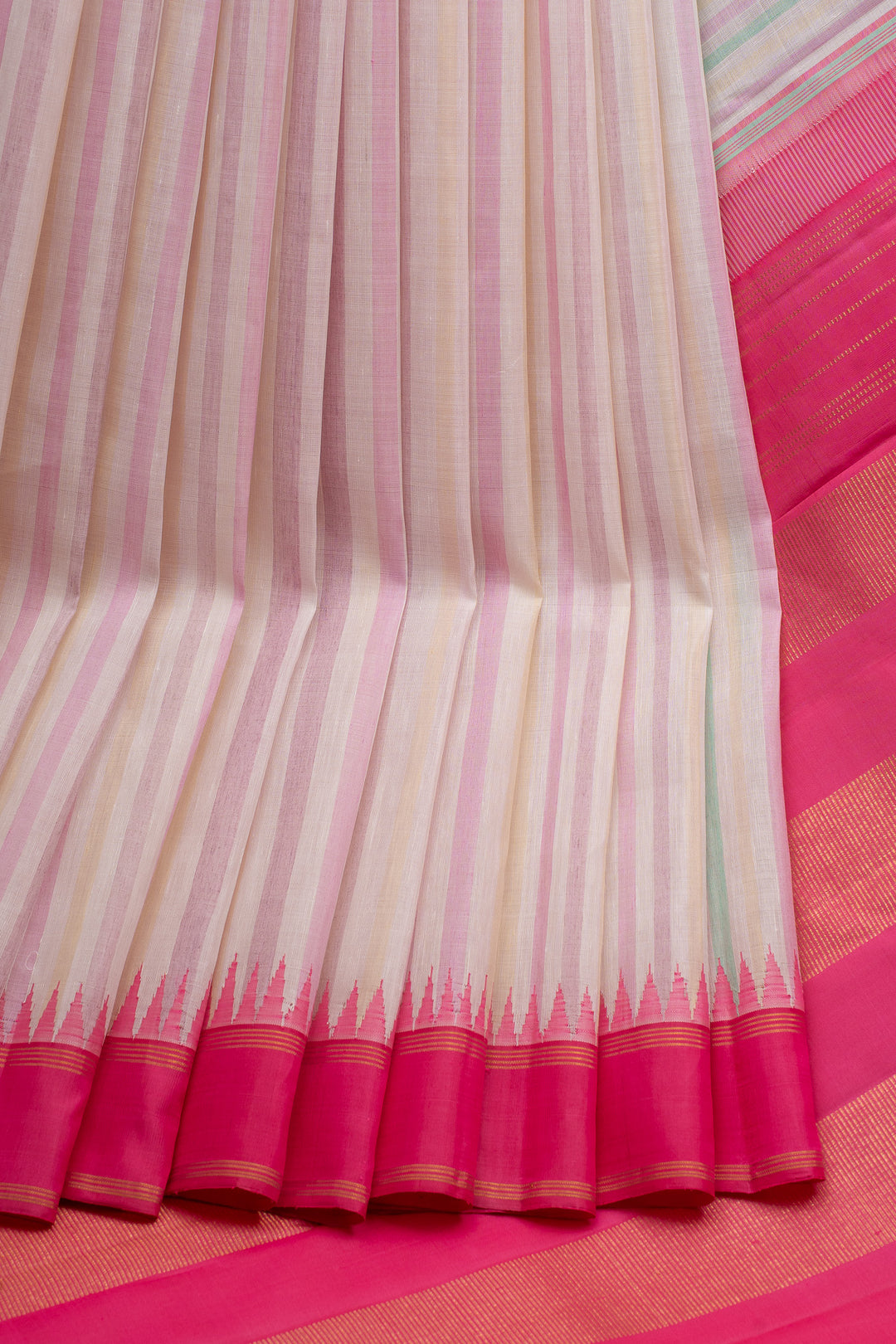 Pink Multi Colour Stripes Pure Linen Kanchipuram Saree