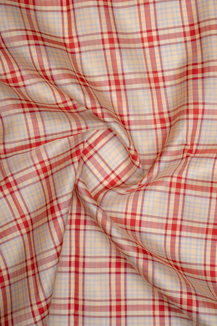 Red and powder blue multi checks pure kanchipuram silk saree