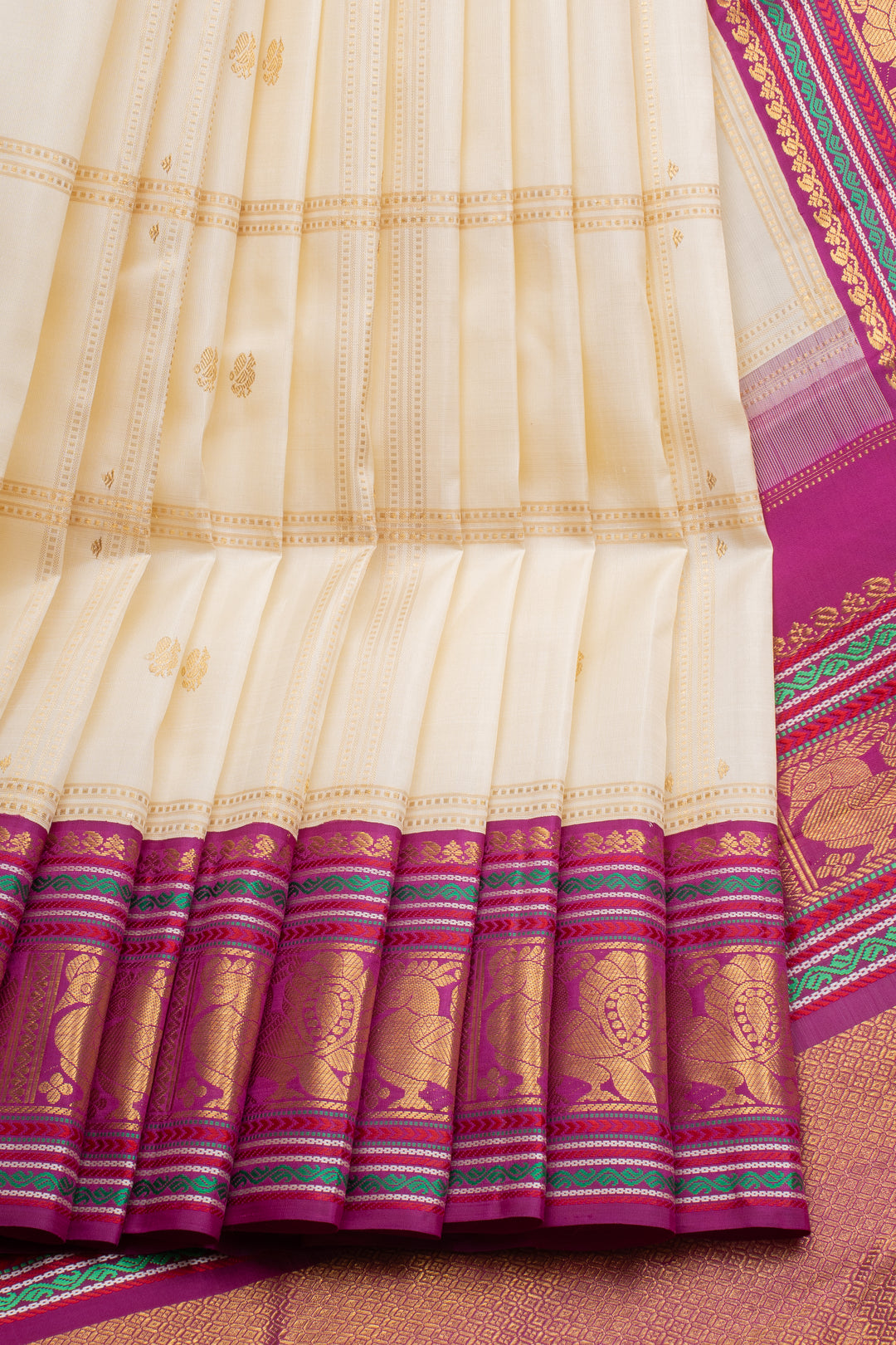Ivory and Magenta Vintage Zari Checks Pure Kanchipuram Silk Saree