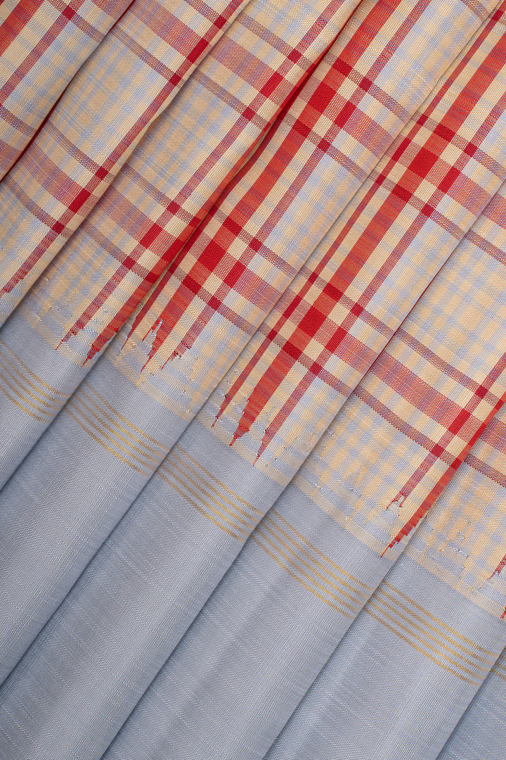 Red and powder blue multi checks pure kanchipuram silk saree