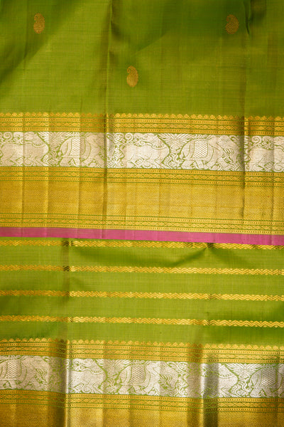 Pear Green Zari Stripes Pure Kanchipuram Silk Saree - Clio Silks