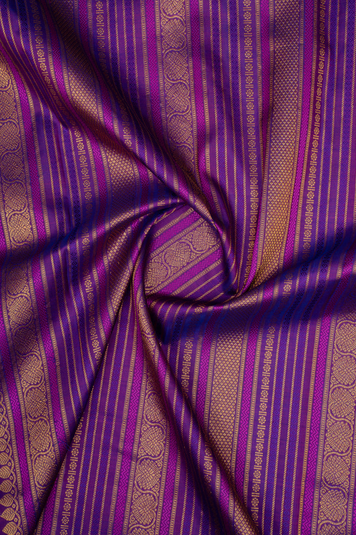 Beige &amp; Purple Handpainted Pure Kanchipuram Silk Saree