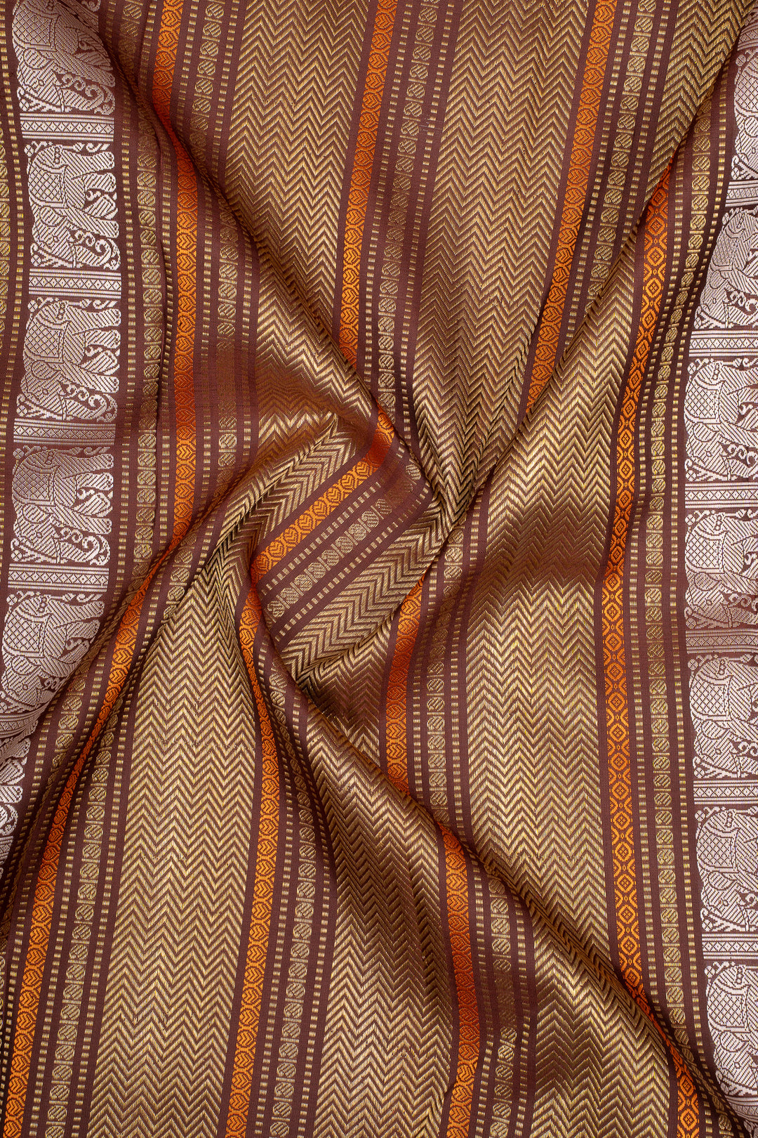Champagne Beige and Brown Varisaipettu Pure Kanchipuram Silk Saree
