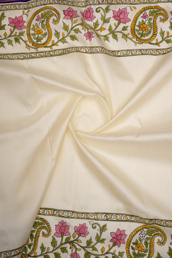 Beige &amp; Purple Handpainted Pure Kanchipuram Silk Saree