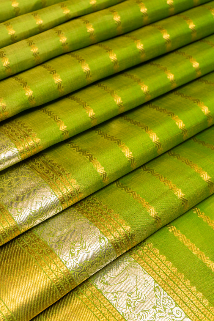 Pear Green Zari Stripes Pure Kanchipuram Silk Saree - Clio Silks