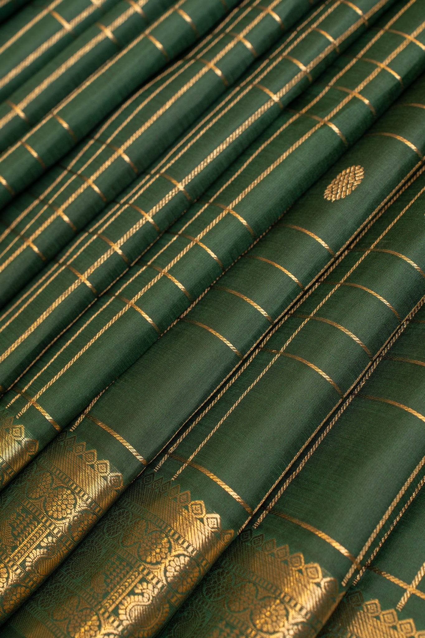 Bottle green zari checks traditional pure Kanchipuram silk saree