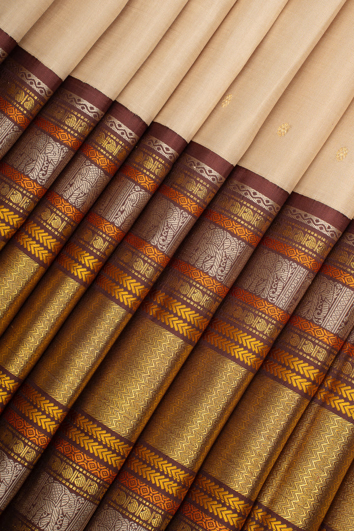 Champagne Beige and Brown Varisaipettu Pure Kanchipuram Silk Saree
