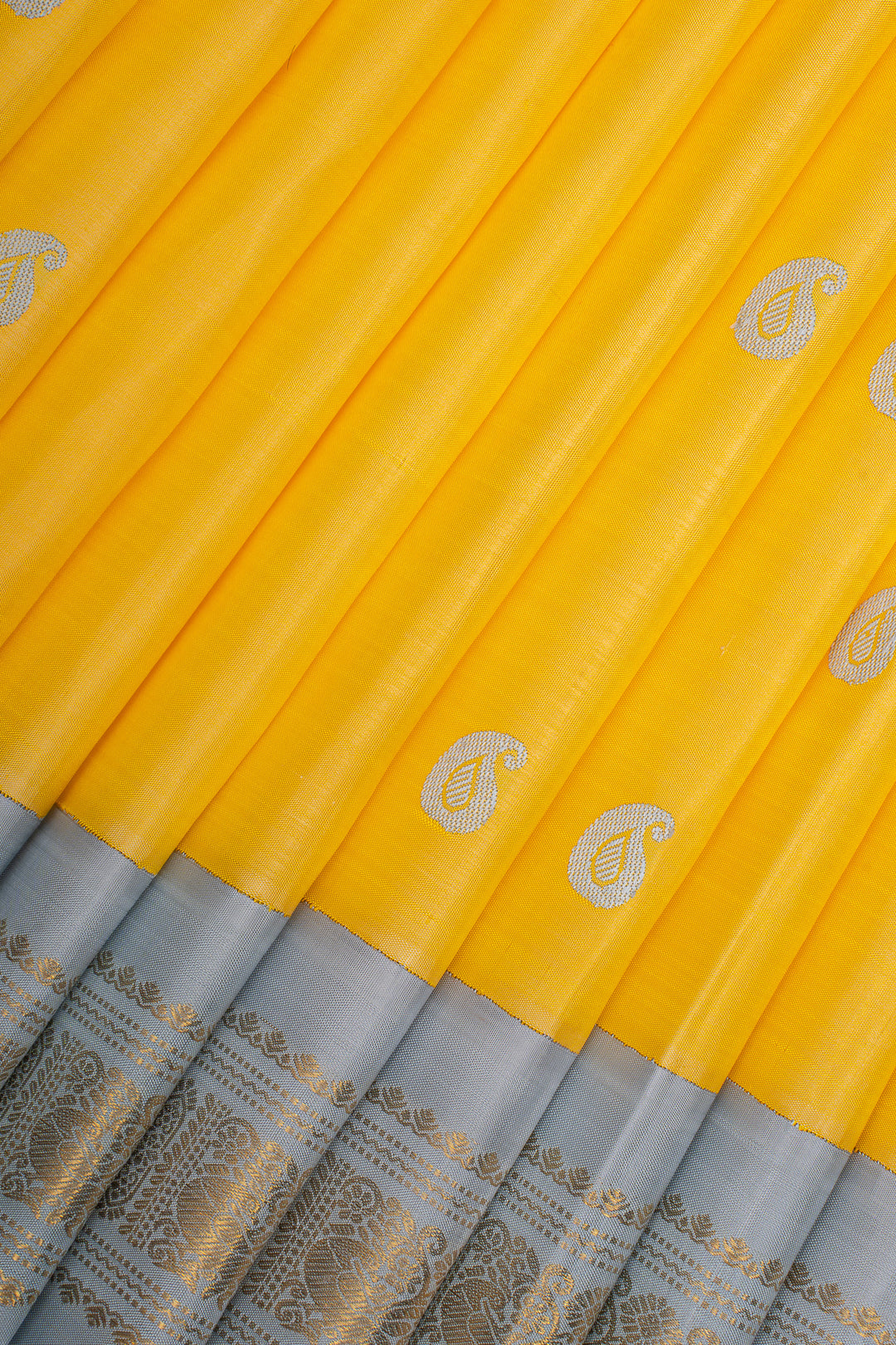 Yellow and Greyish Blue Vintage Pure Kanchipuram Silk Saree