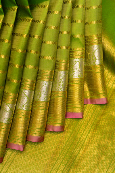 Pear Green Zari Stripes Pure Kanchipuram Silk Saree - Clio Silks