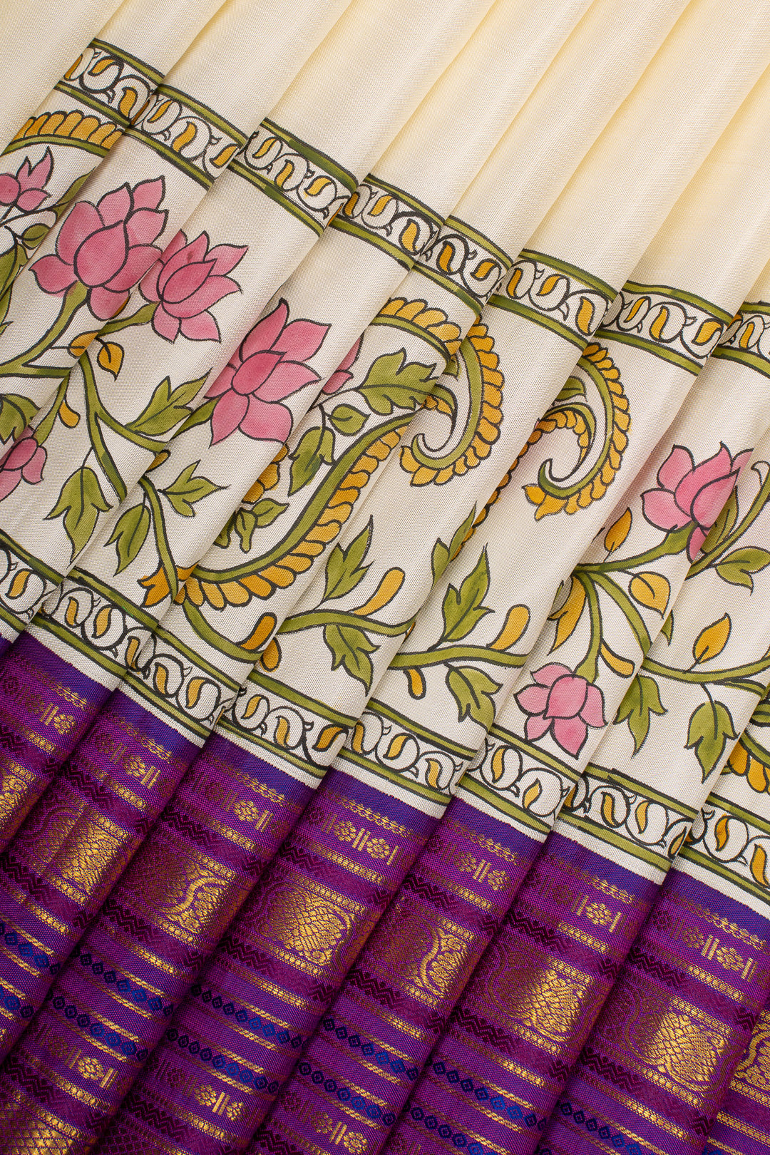 Beige &amp; Purple Handpainted Pure Kanchipuram Silk Saree