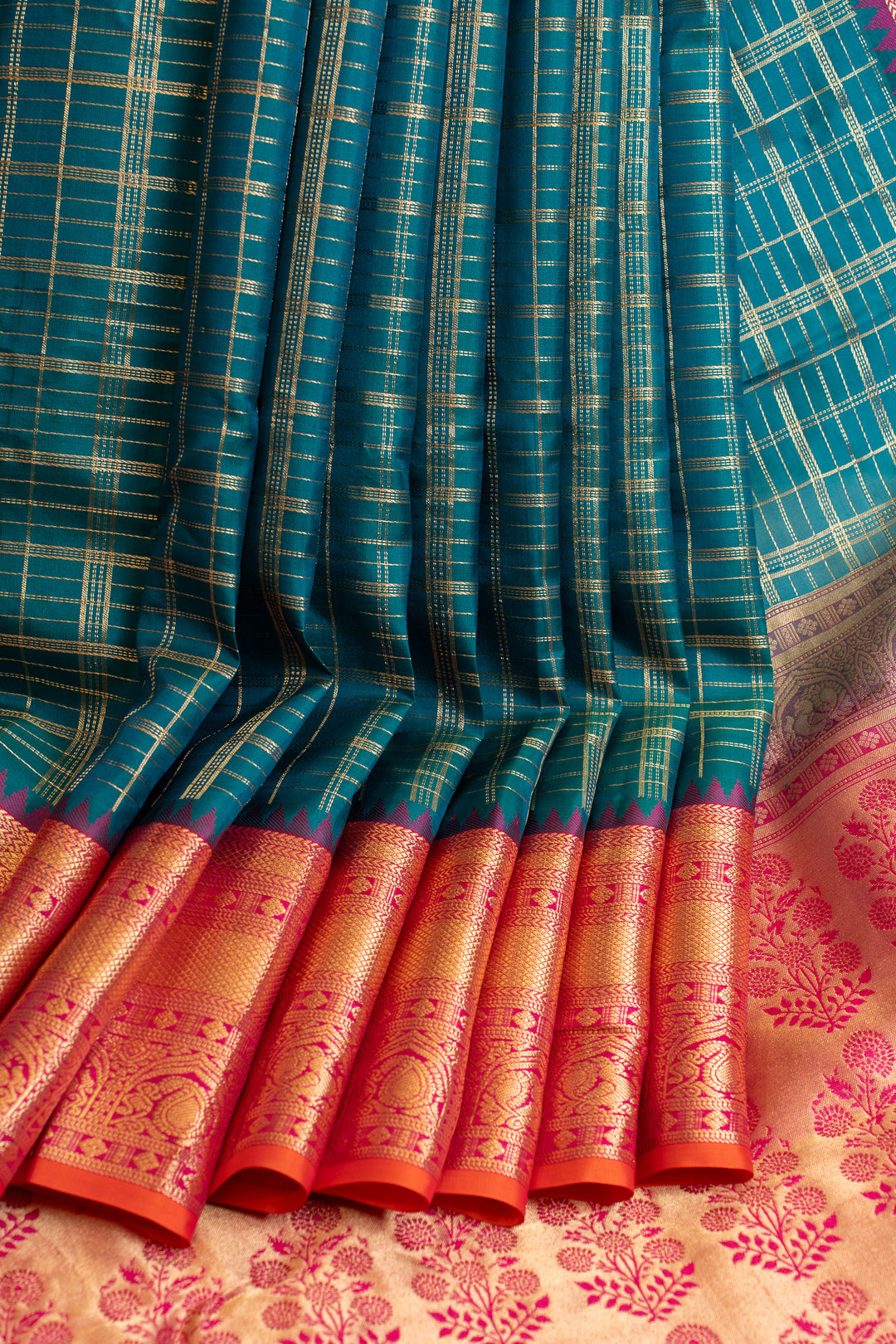 Anandha blue and peach zari checks pure Kanchipuram silk saree
