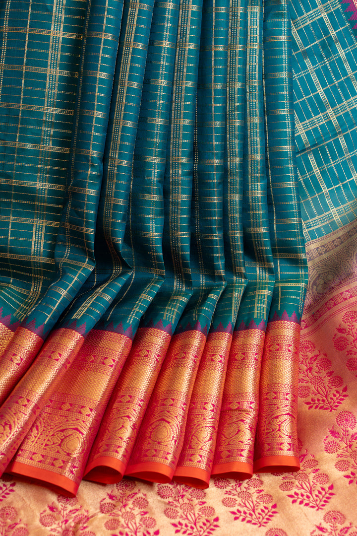 Anandha blue and peach zari checks pure Kanchipuram silk saree
