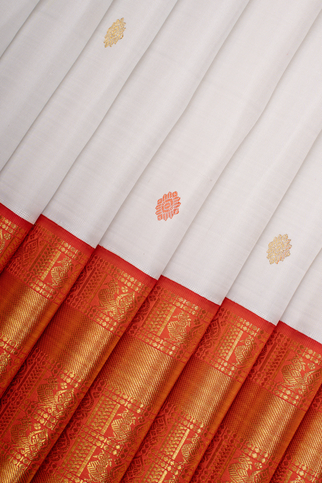 Pearl white and orange traditional pure kanchipuram silk saree