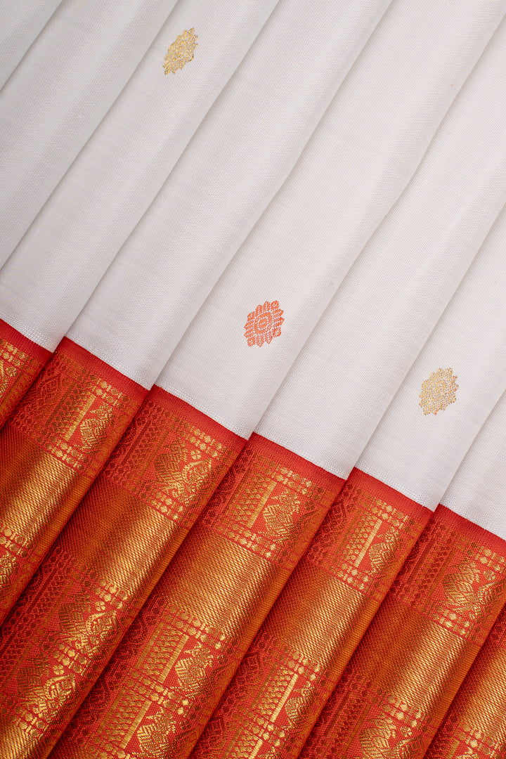 Pearl white and orange traditional pure kanchipuram silk saree