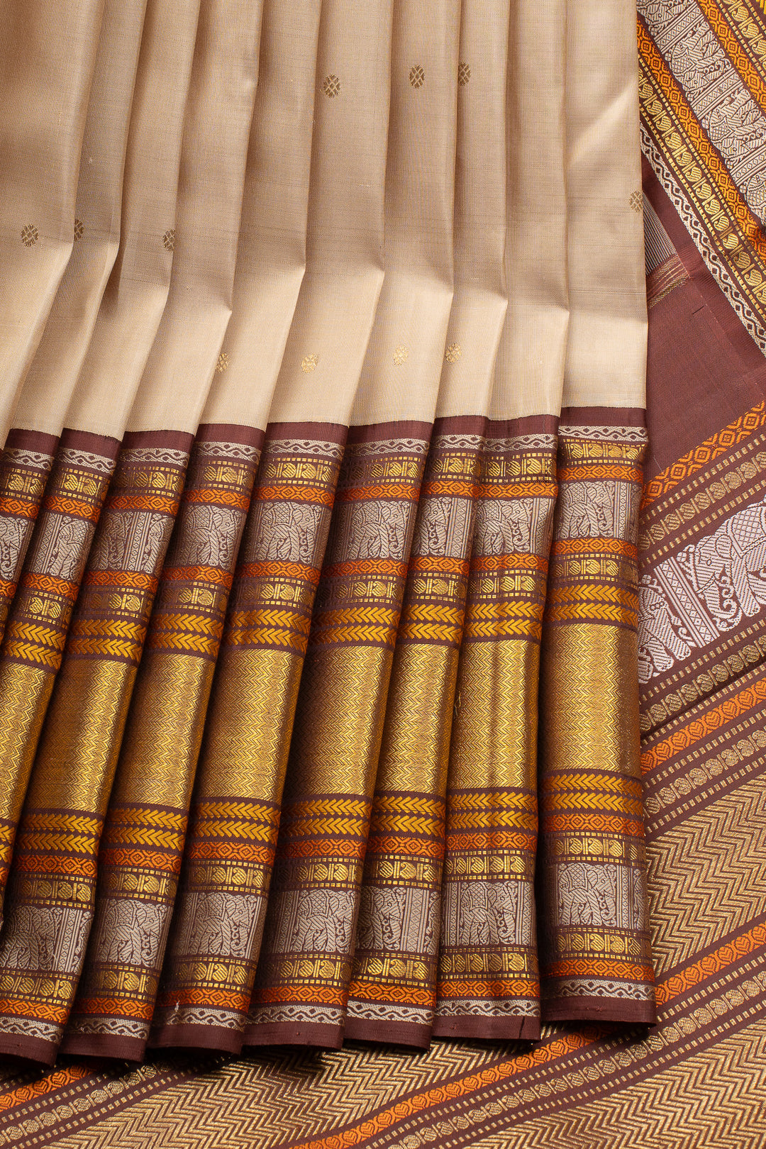 Champagne Beige and Brown Varisaipettu Pure Kanchipuram Silk Saree