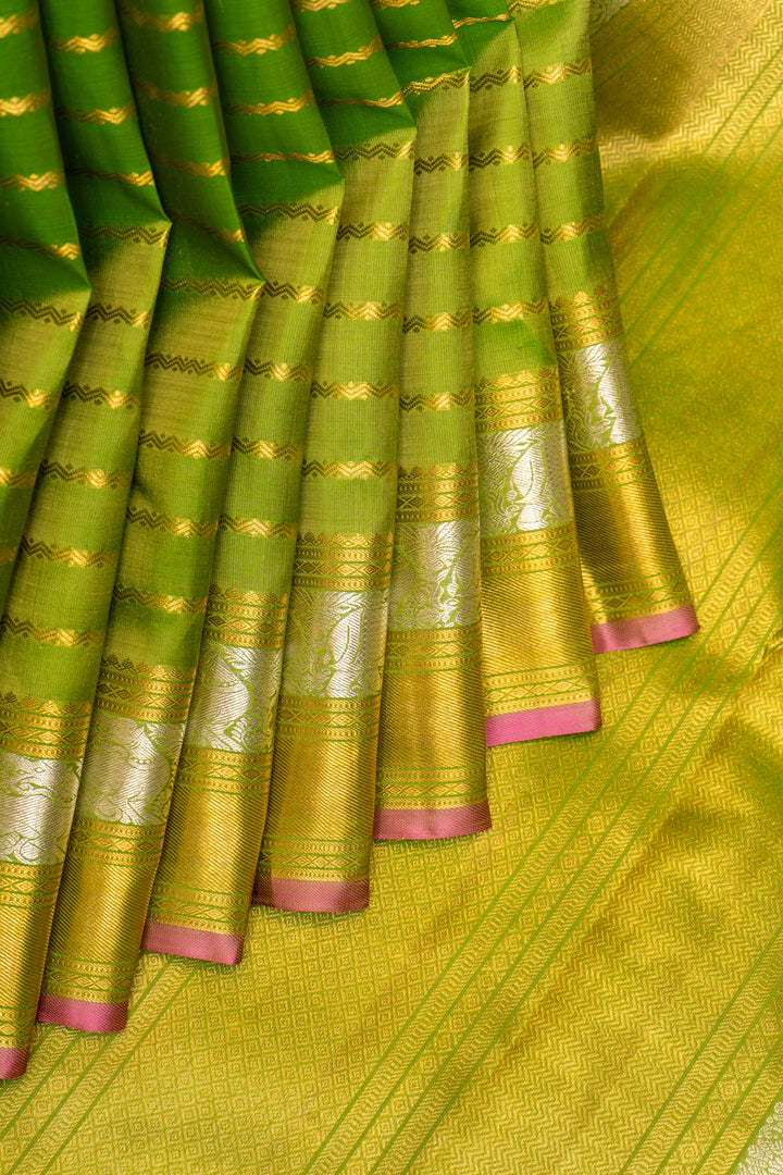 Pear Green Zari Stripes Pure Kanchipuram Silk Saree - Clio Silks