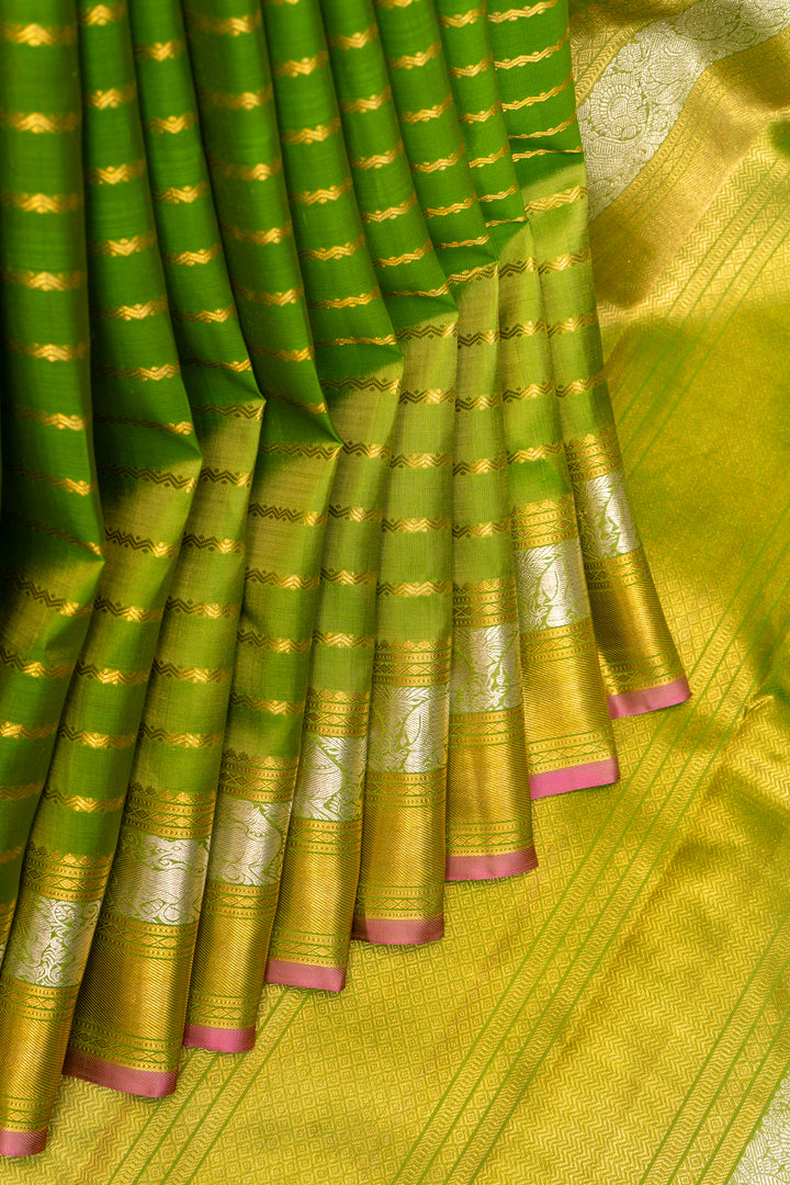 Pear Green Zari Stripes Pure Kanchipuram Silk Saree - Clio Silks