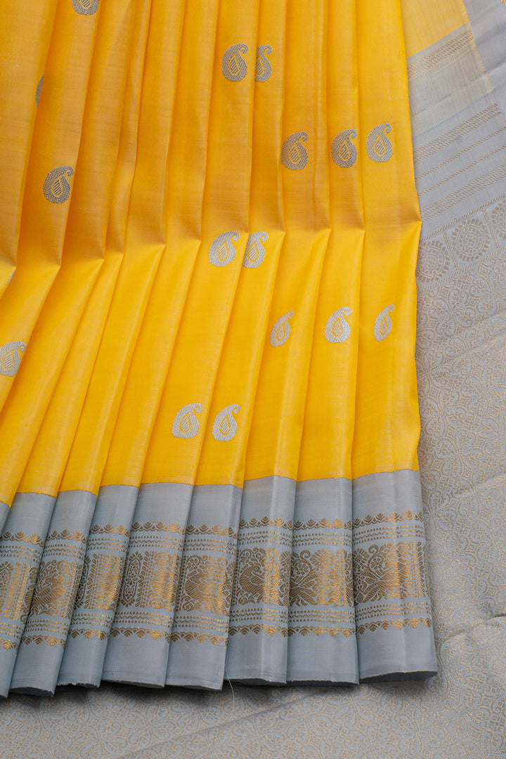 Yellow and Greyish Blue Vintage Pure Kanchipuram Silk Saree