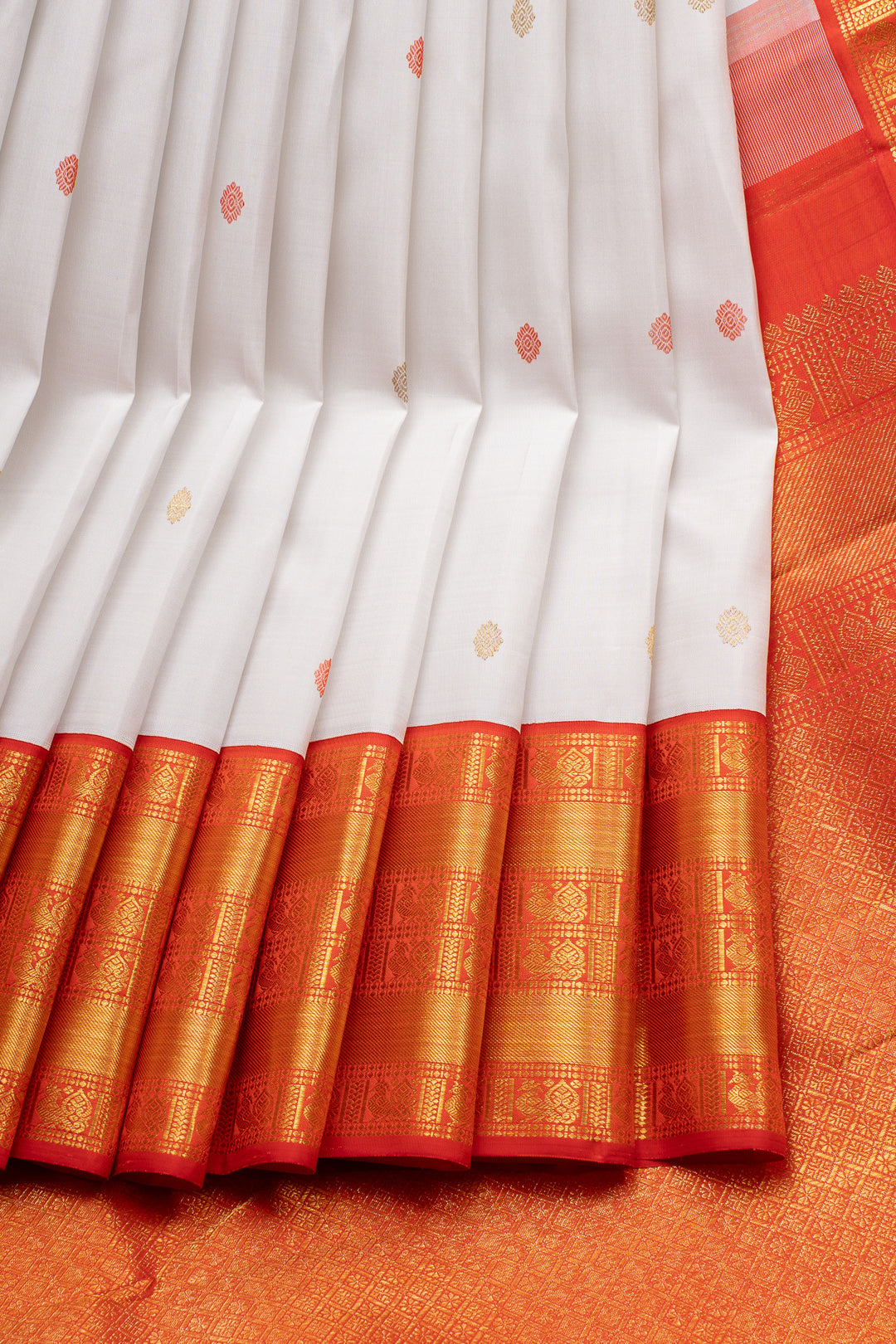 Pearl white and orange traditional pure kanchipuram silk saree