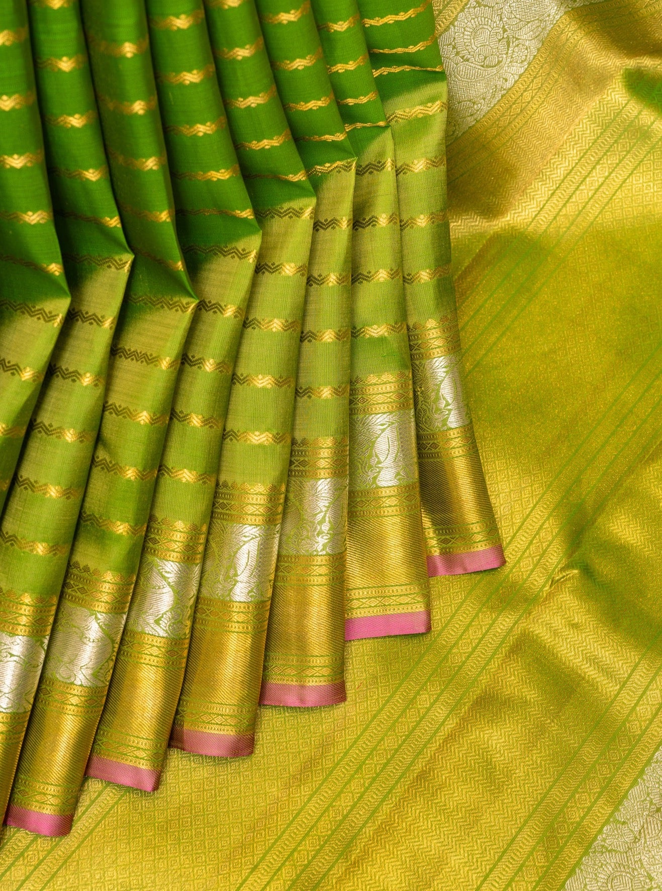 Pear Green Zari Stripes Pure Kanchipuram Silk Saree - Clio Silks