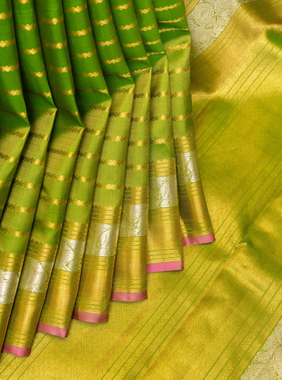 Pear Green Zari Stripes Pure Kanchipuram Silk Saree - Clio Silks