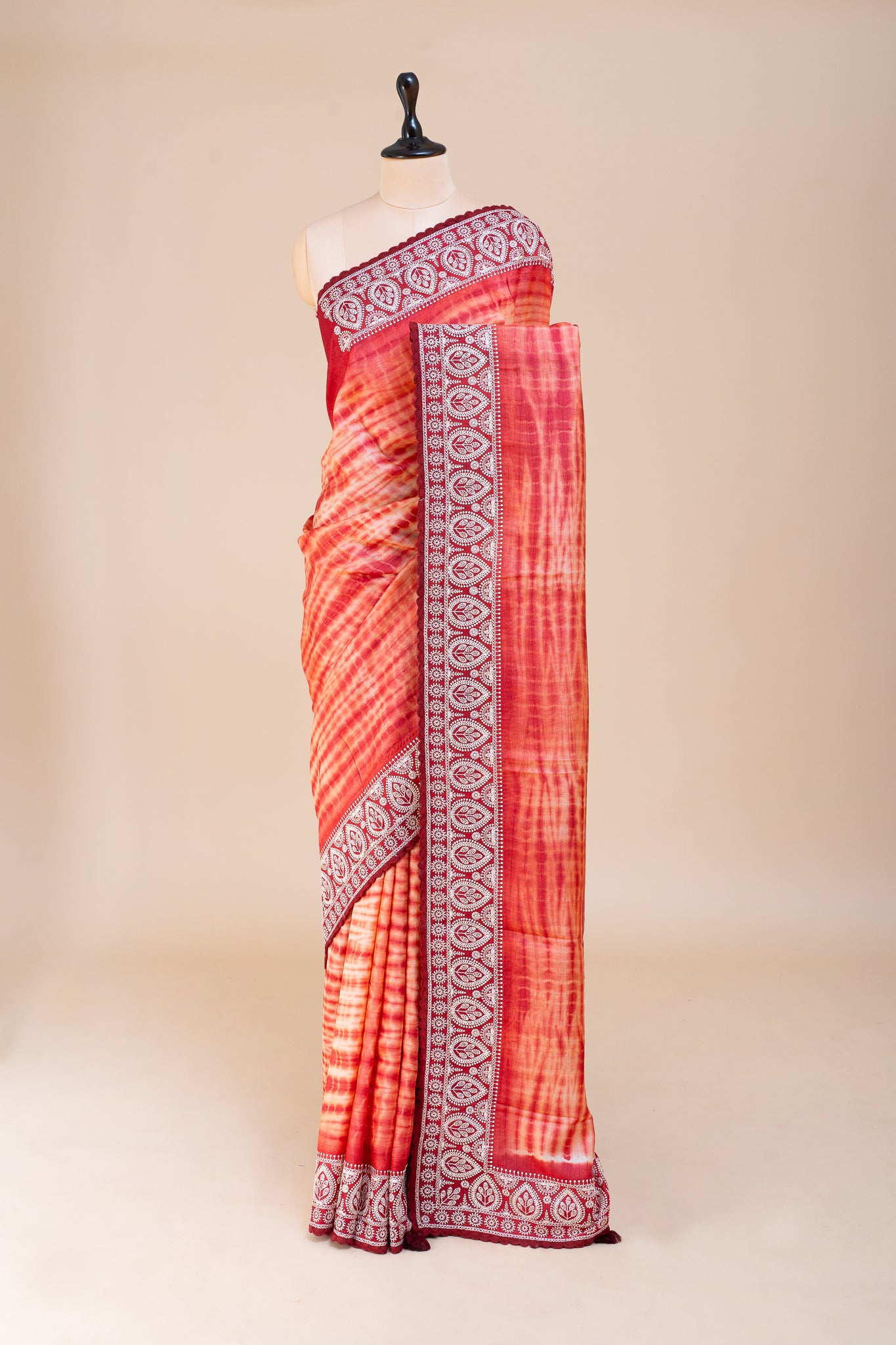 Red and Orange Pure Shibori Tussar Silk Saree