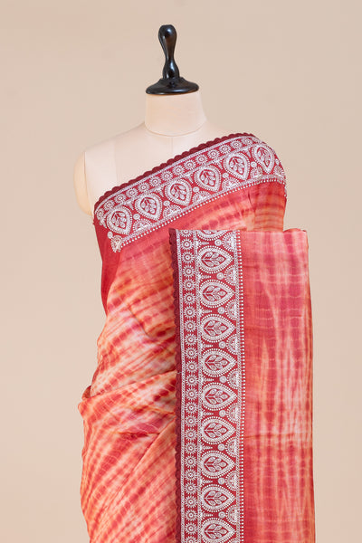 Red and Orange Pure Shibori Tussar Silk Saree