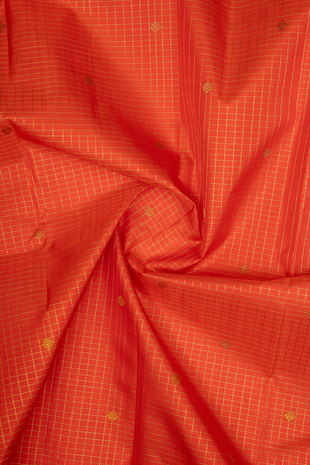 Reddish orange and green Zari checks pure kanchipuram silk saree