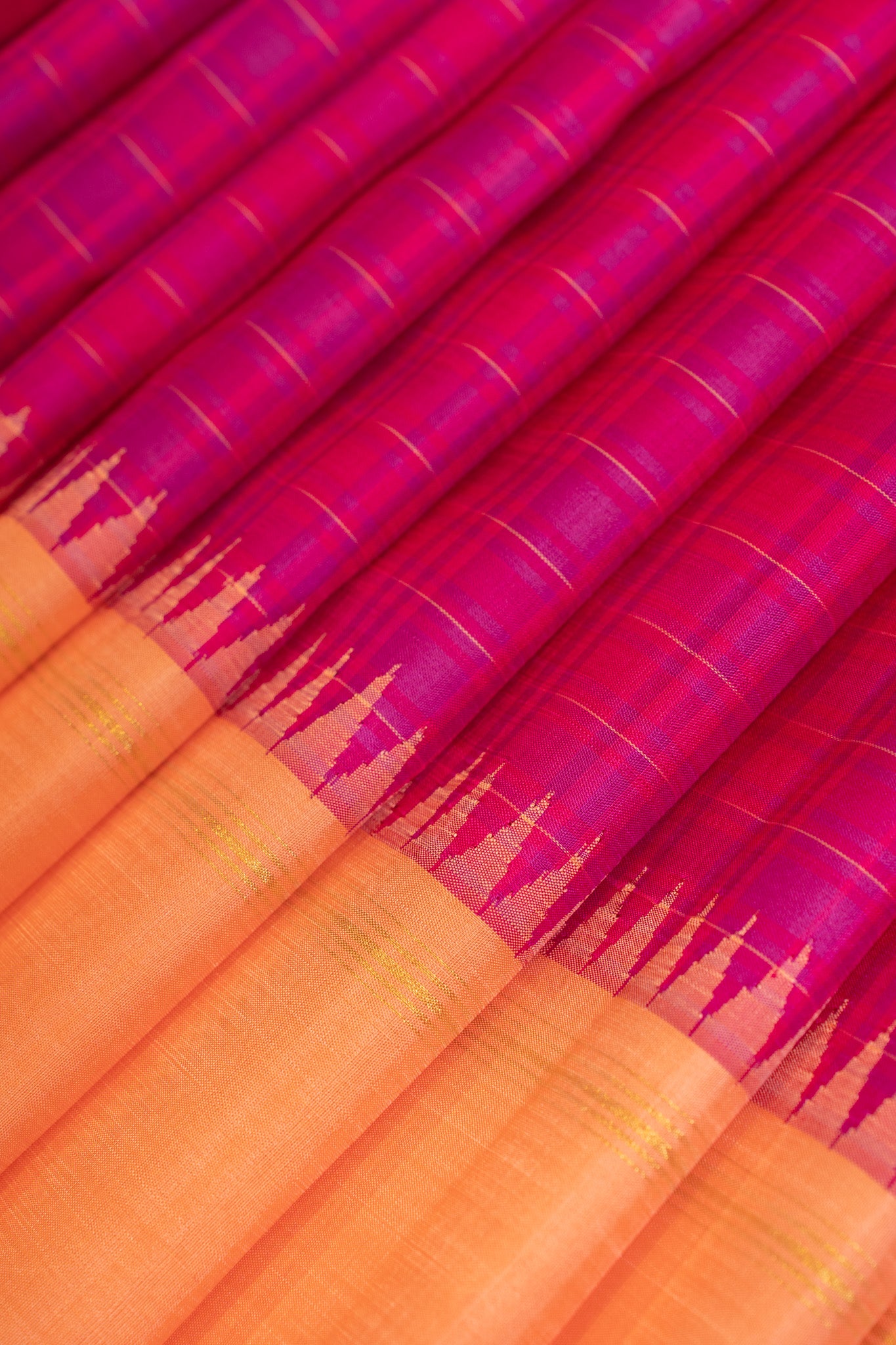 Magenta and peach Zari checks pure Kanchipuram silk saree