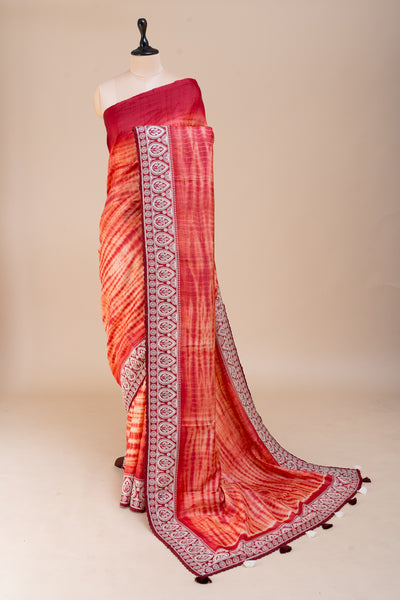 Red and Orange Pure Shibori Tussar Silk Saree