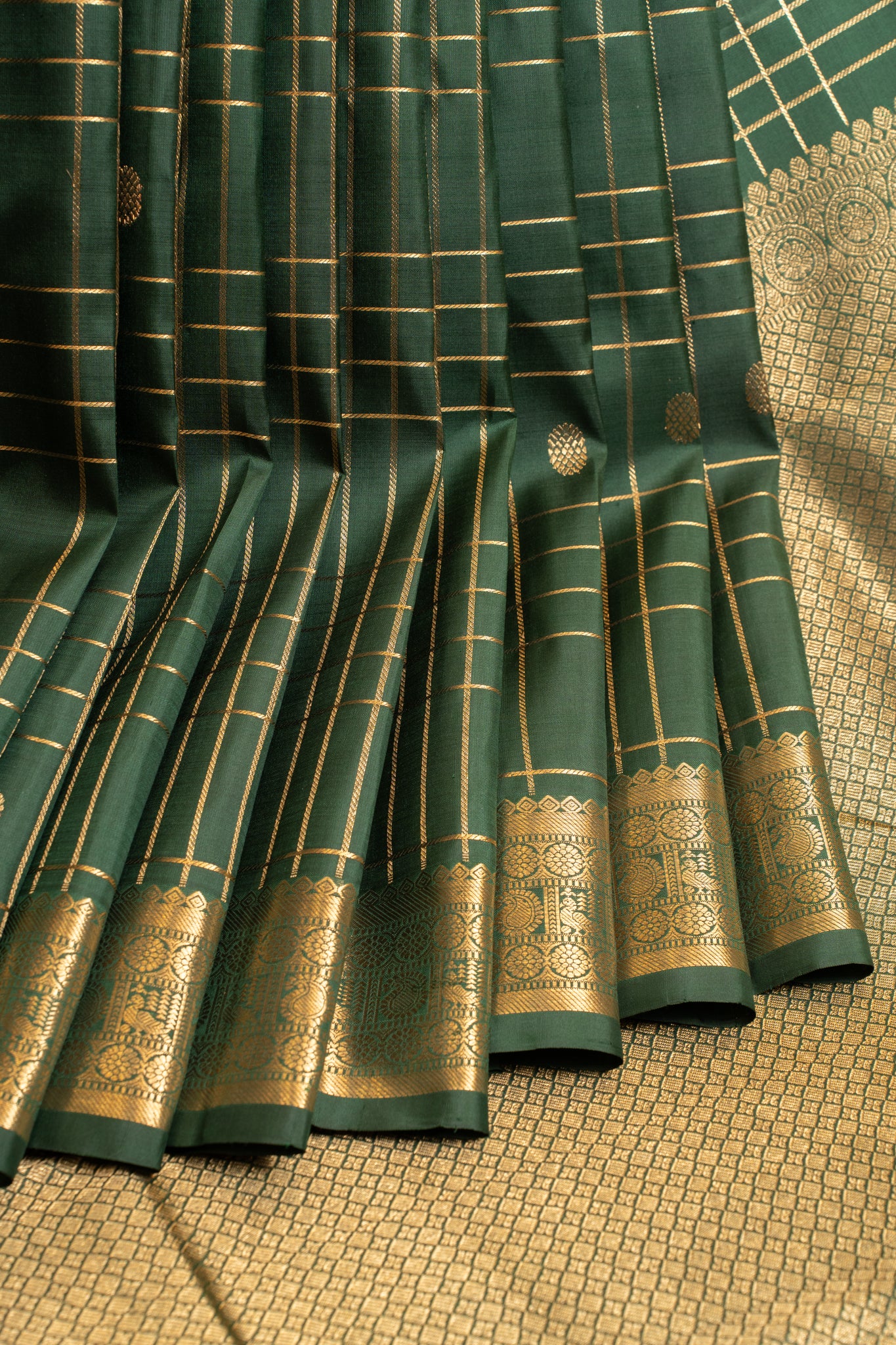 Bottle green zari checks traditional pure Kanchipuram silk saree