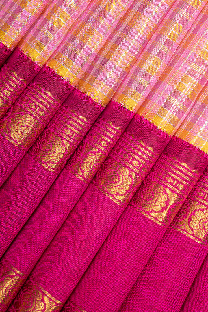 Pink Zari Checks Pure Kanchipuram Silk Saree