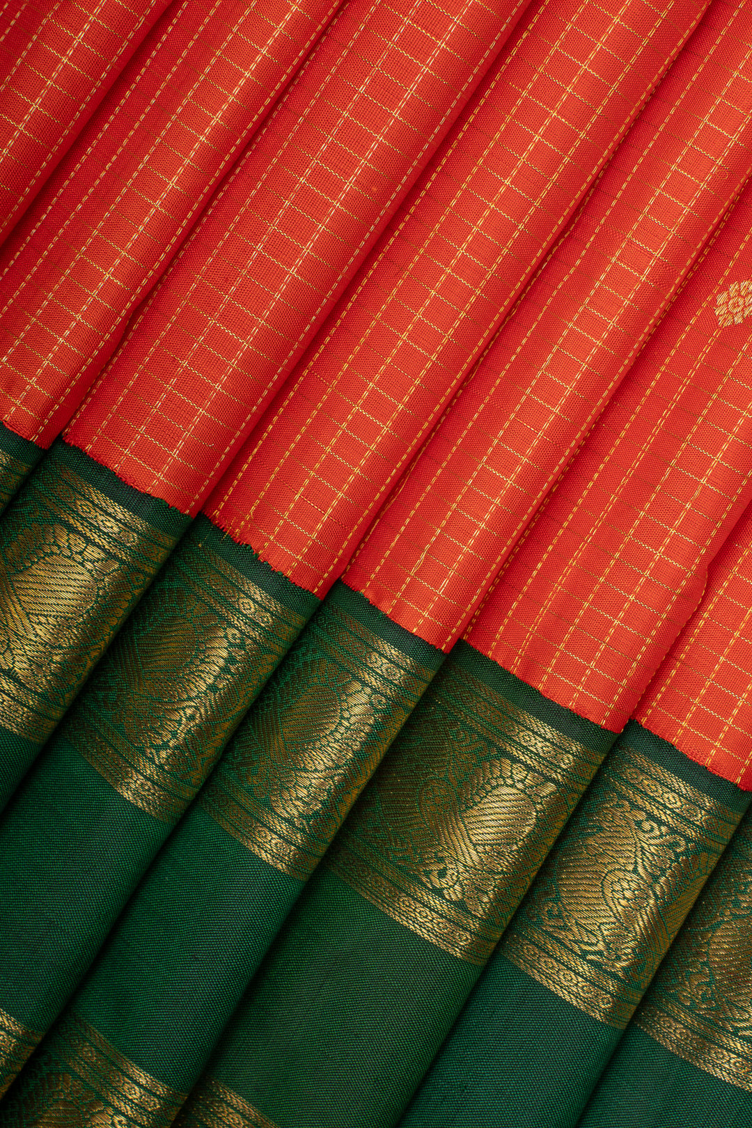 Reddish orange and green Zari checks pure kanchipuram silk saree