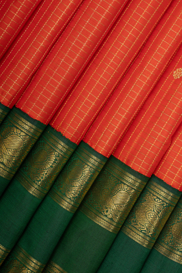 Reddish orange and green Zari checks pure kanchipuram silk saree