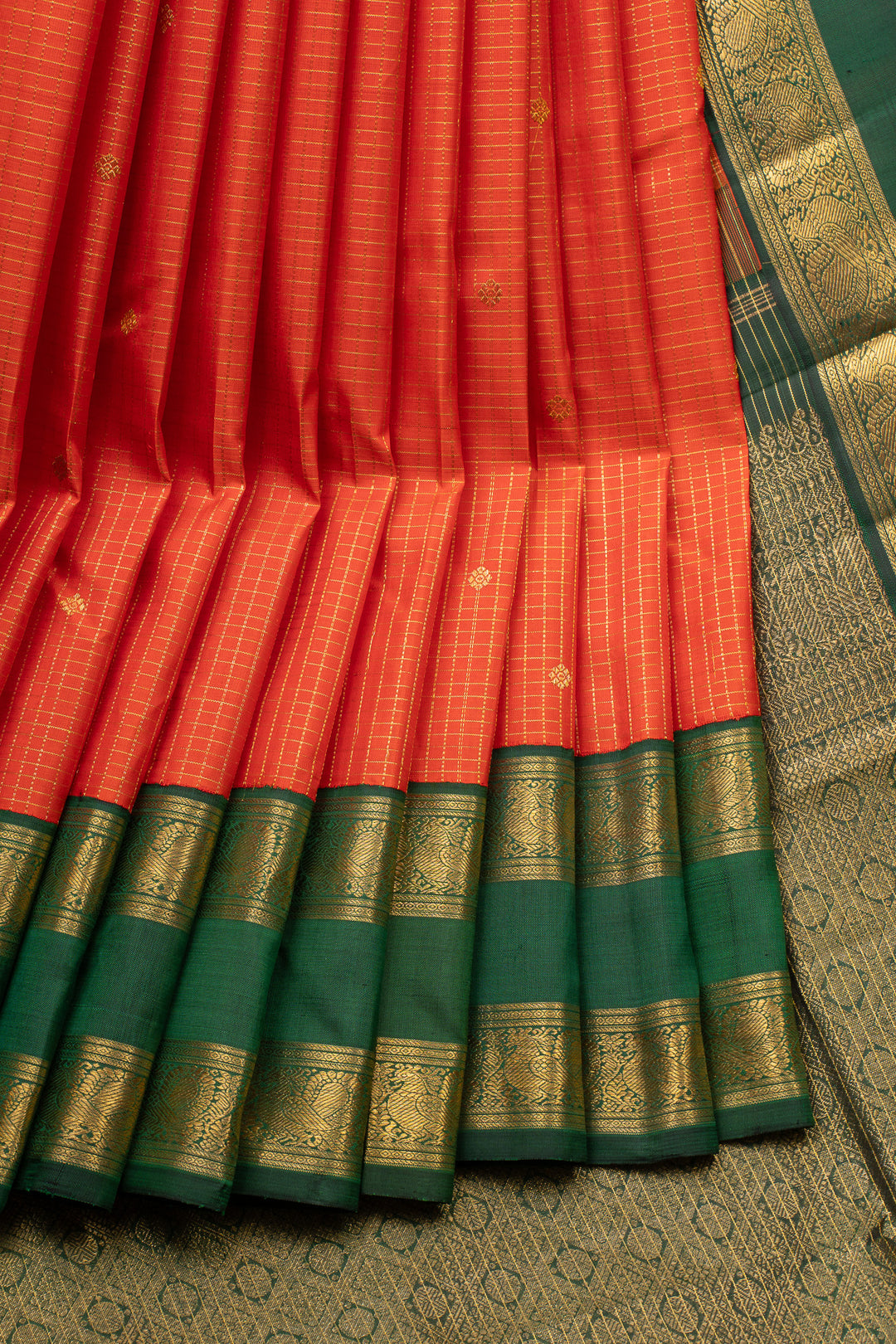 Reddish orange and green Zari checks pure kanchipuram silk saree