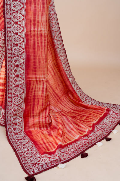 Red and Orange Pure Shibori Tussar Silk Saree