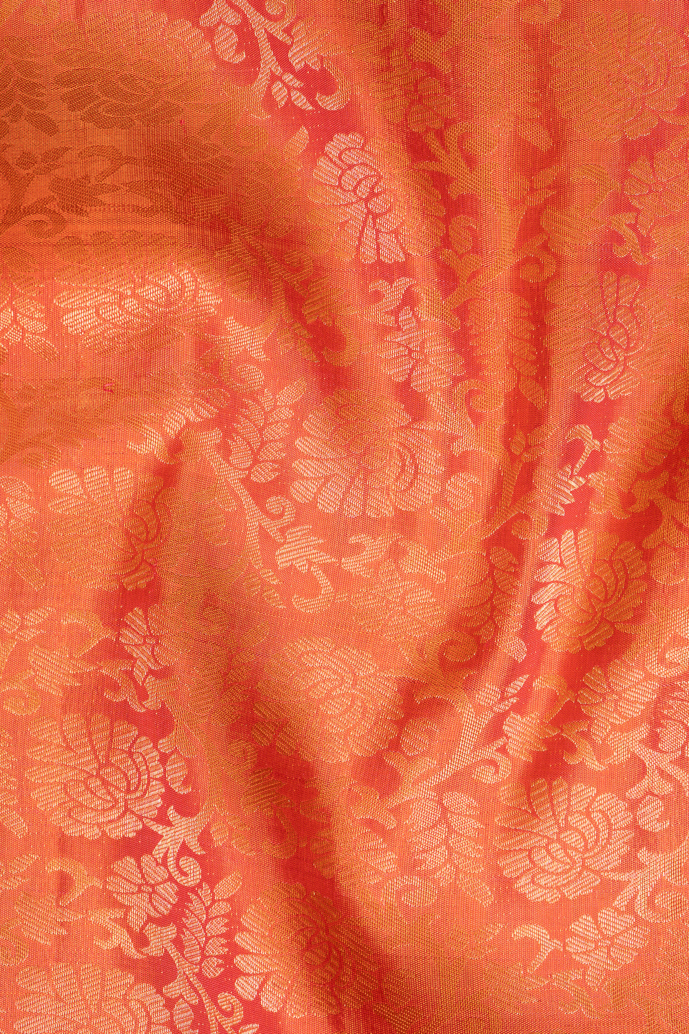 Peach Orange Floral Brocade Pure Kanchipuram Silk Saree - Clio Silks