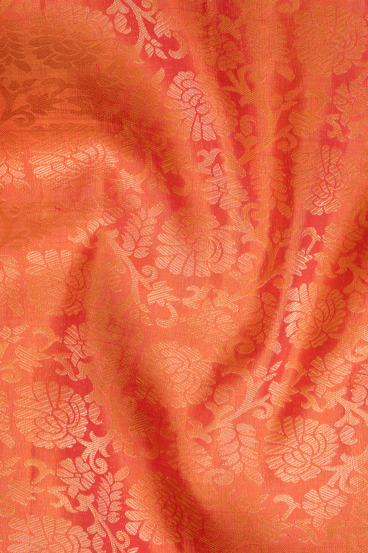 Peach Orange Floral Brocade Pure Kanchipuram Silk Saree - Clio Silks