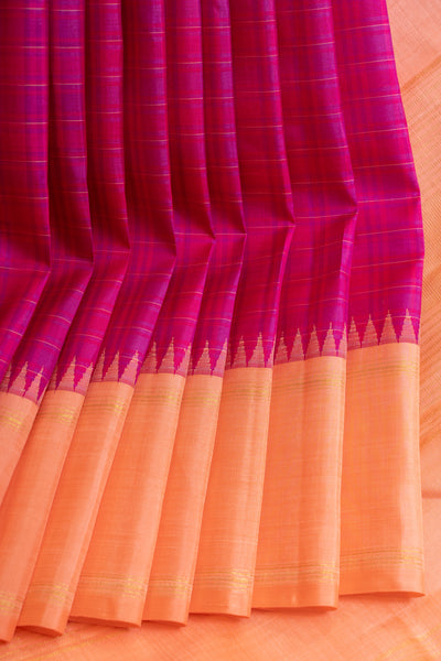 Magenta and peach Zari checks pure Kanchipuram silk saree