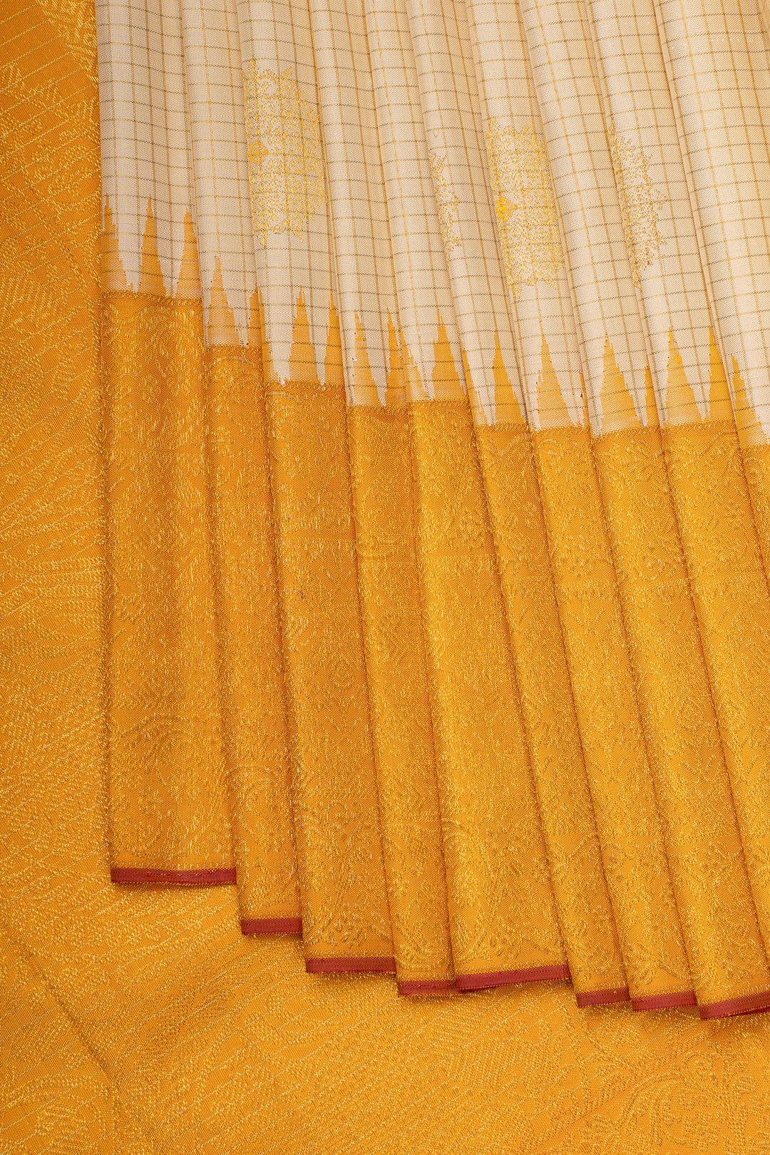 Pearl white and yellow turning border pure kanchipuram silk saree